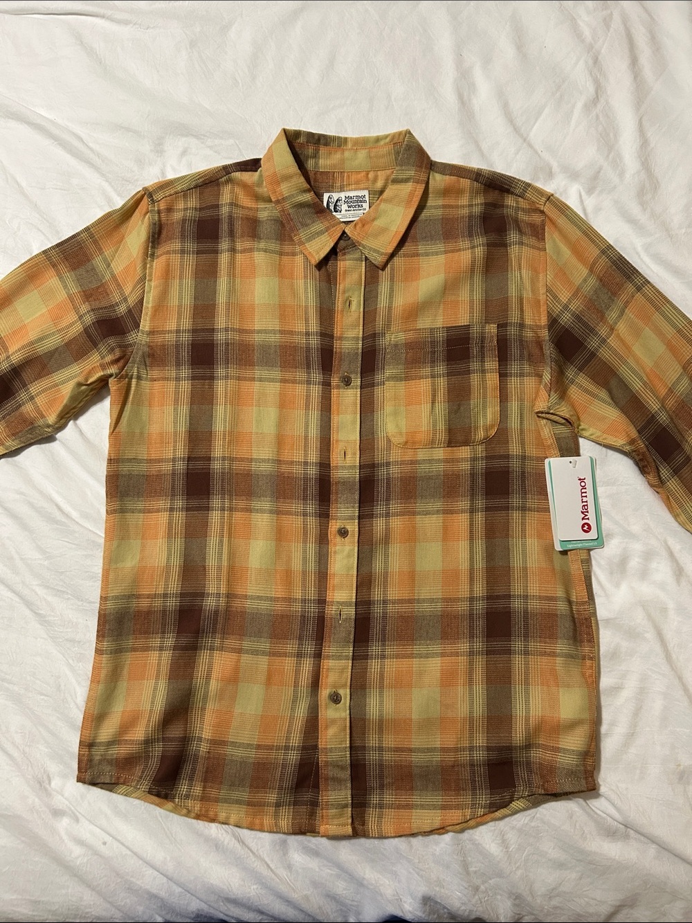 Marmot Men's Yellow and Brown Plaid Button-Down Shirt